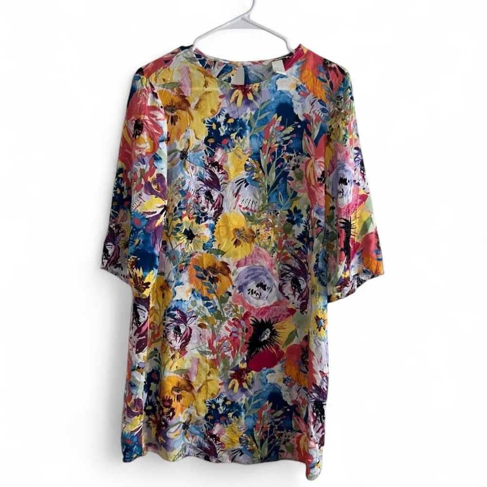 Womens Size 10 H&M Multi Floral Crew Neck 3/4 Sleeve Colourful Dress Knee Length